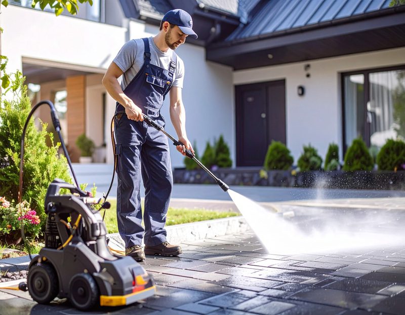 mężczyzna w stroju roboczym czyści kostkę brukową. cel obrazka pokazuje czego dotyczy ta podstrona internetowa